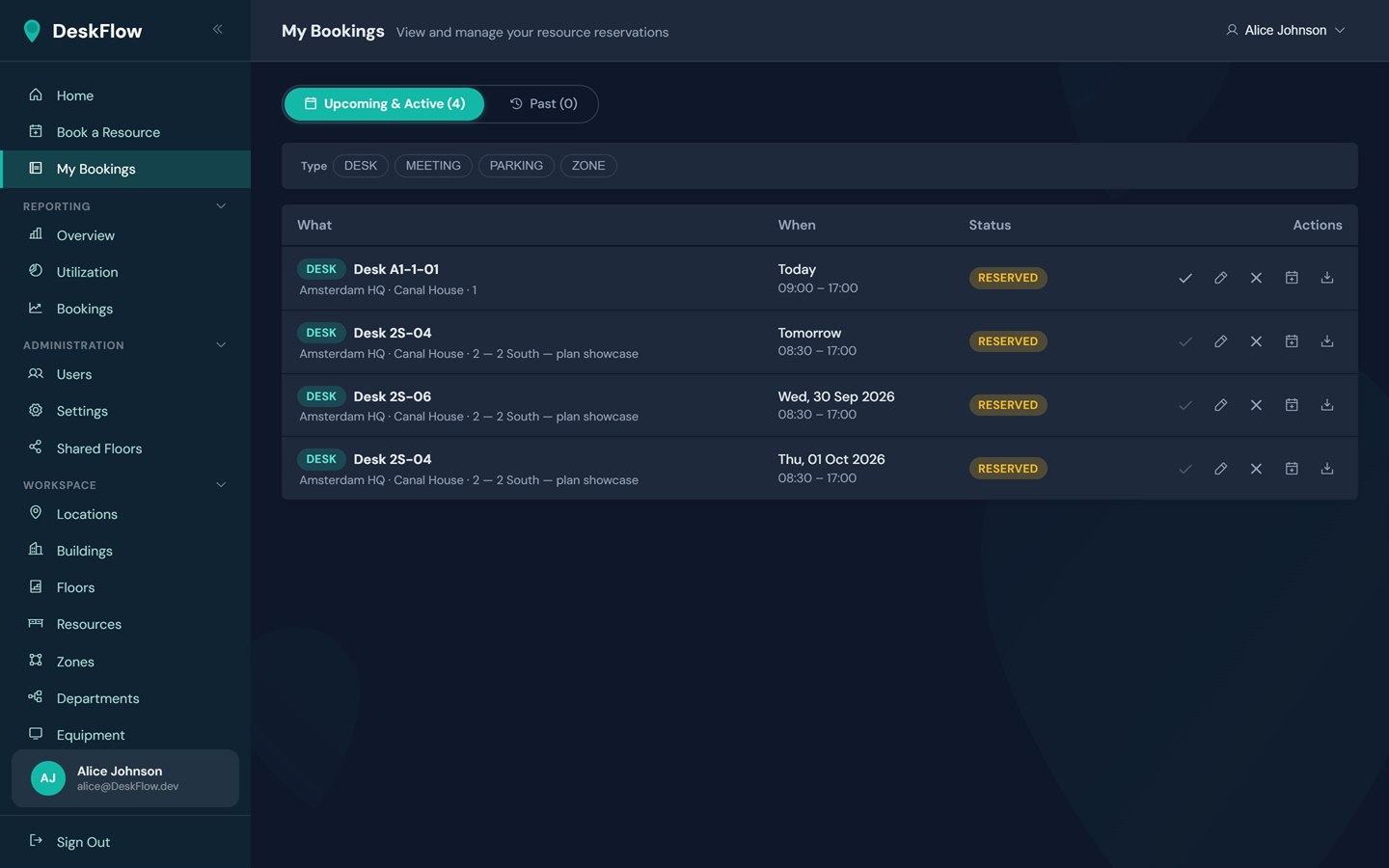 My Bookings list with actions to check in, edit, cancel and export