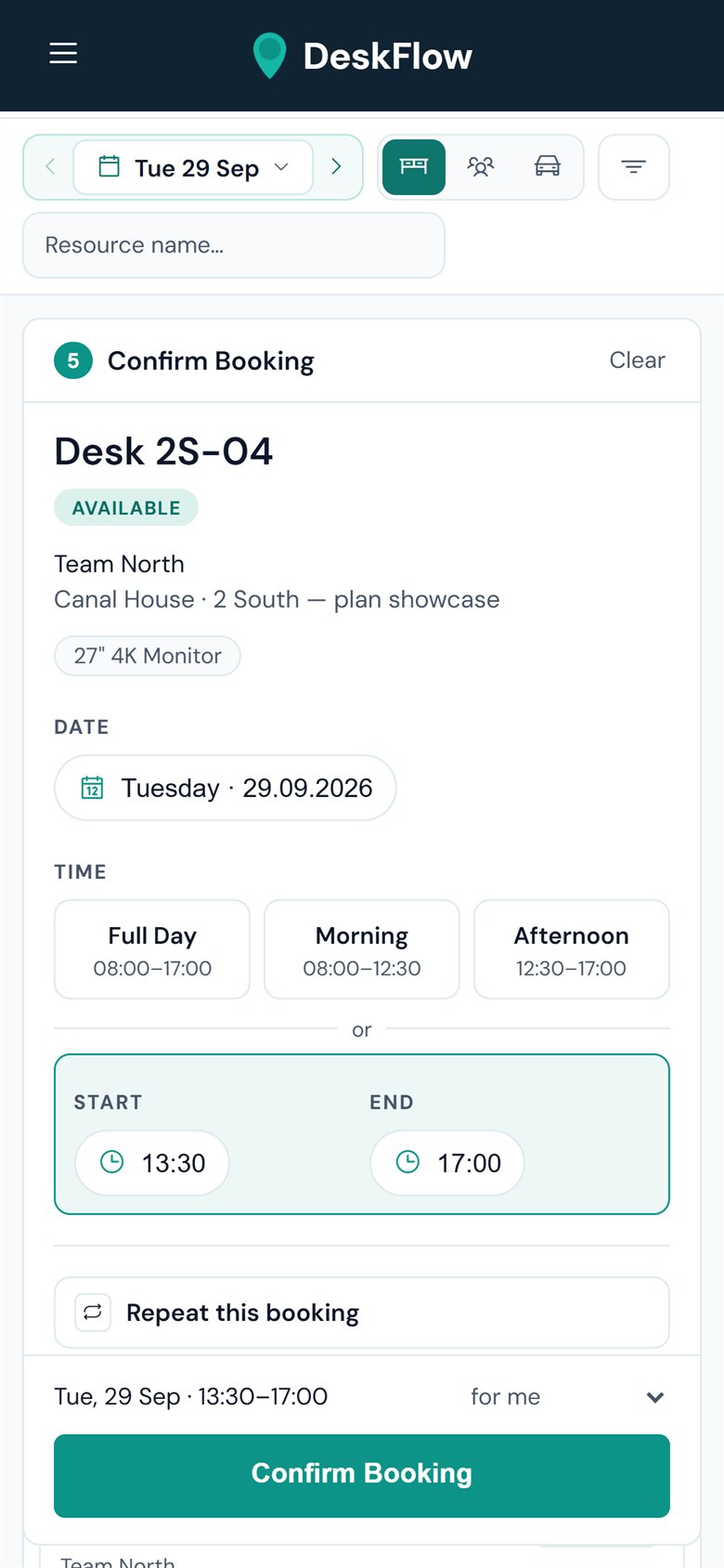 DeskFlow booking panel on a phone in light mode