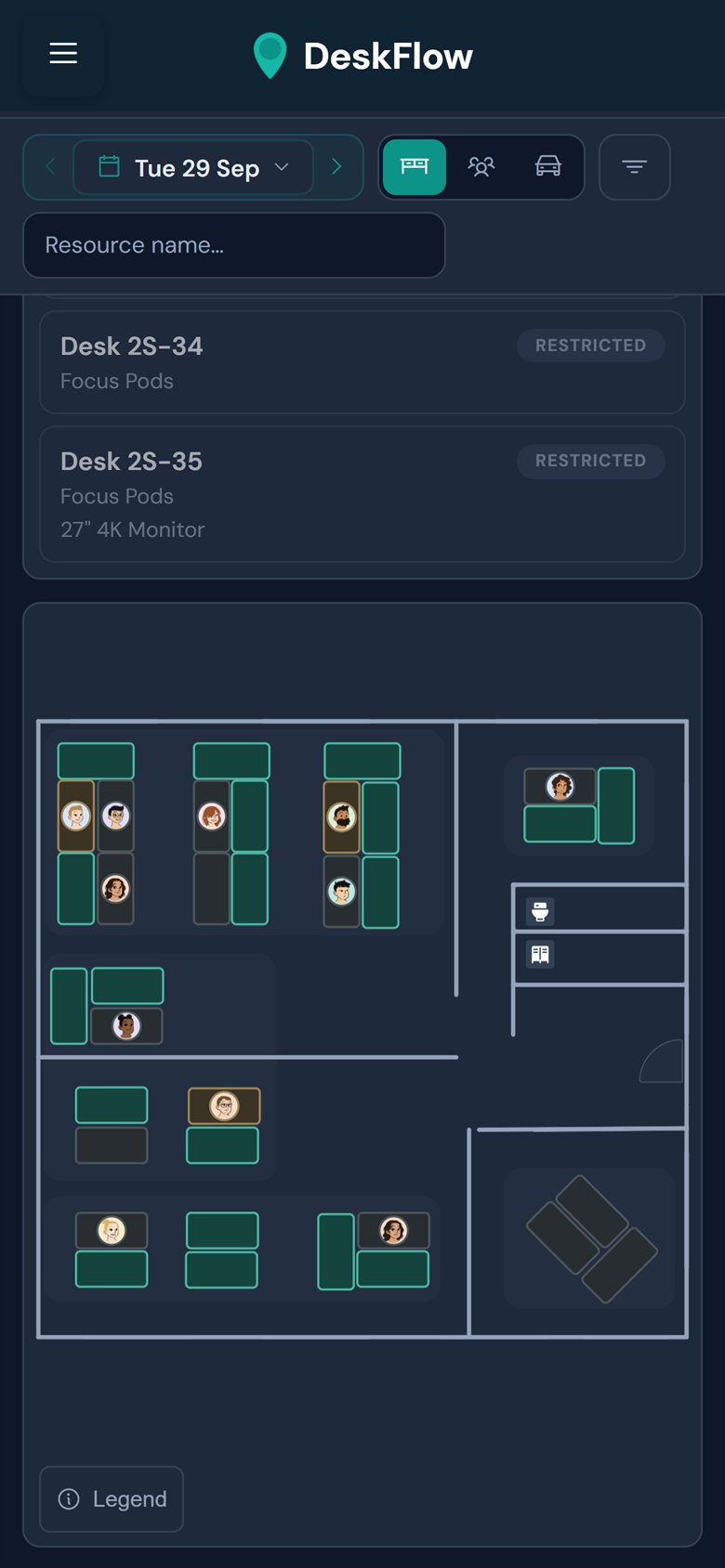 DeskFlow floor plan on a phone in dark mode